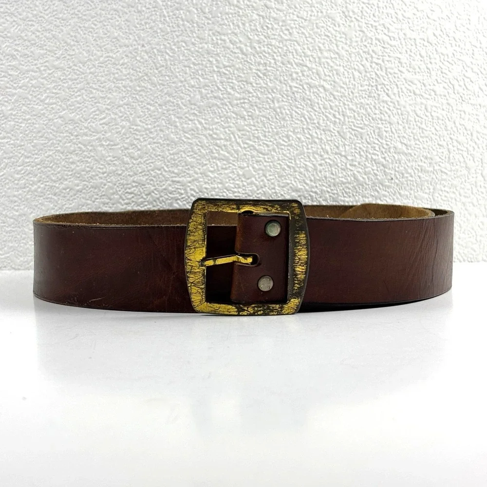 Leather Belt Mens 36 Brown Distressed Gold Buckle Rugged Americana Western